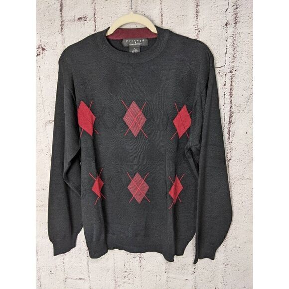 Protege Sweater Men's Large Black w Red Argyle Silk Blend‎ Long Sleeve Preppy - Picture 1 of 6